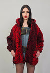 Leopard fleece red hooded bomber detachable sleeves jacket