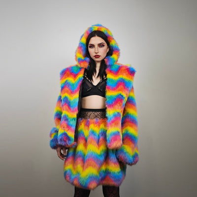 Faux fur skirt rainbow midi fluffy fleece dress unicorn bottoms fluffy carnival skirt elasticated waist skirt burning man luminous skirt