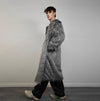 Shaggy fur coat stripe pattern longline collarless trench rocker overcoat long hair bomber festival jacket customizable peacoat grey white