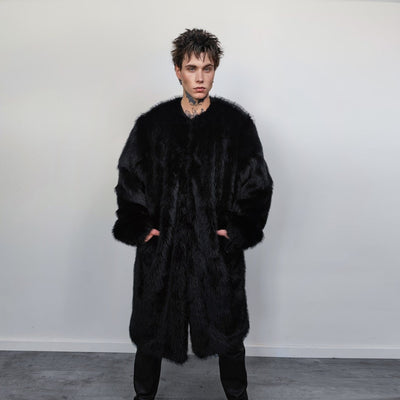 Long faux fur coat handmade fluffy luxury bomber premium fleece jacket detachable sleeve trench in black