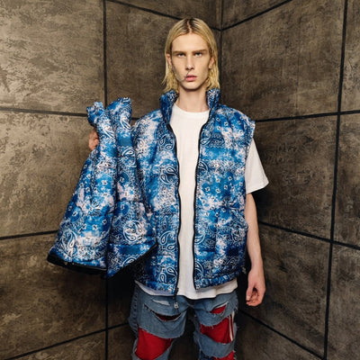 Paisley bomber handmade detachable bandanna puffer tie-dye jacket cashew print coat two sided jacket in blue