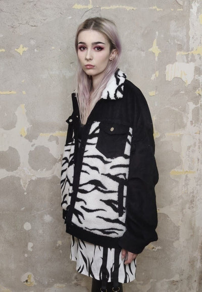 Animal print corduroy jacket zebra fleece patch bomber black