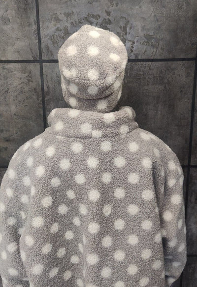 Polka dot fleece jacket handmade fluffy 70s spot bomber grey