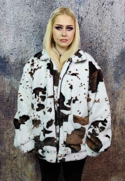 Cow fleece jacket faux fur fluffy animal print bomber brown