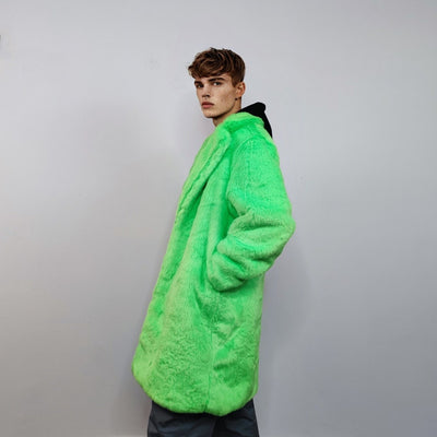 Neon faux fur longline coat shaggy trench bright raver bomber fluffy winter fleece festival jacket burning man coat in green