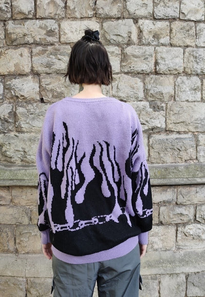 Flame sweater fire jumper in purple grunge burning top