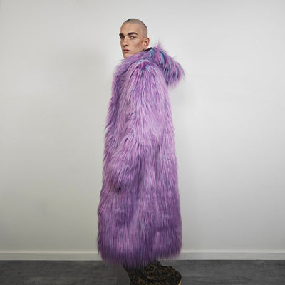 Shaggy purple haze coat hooded lilac jacket Eras tour inspired overcoat long hair fluffy trench neon Lavender bomber raver fleece in violet