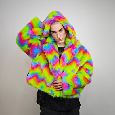 Rainbow faux fur coat crop striped trench festival zigzag jacket furry overcoat carnival bomber party peacoat psycho wide rave fleece Green