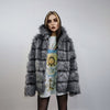 Striped fox fur jacket hooded grey shaggy mink coat fuzzy going out bomber mountain party fleece fancy dress fluffy peacoat rocker overcoat