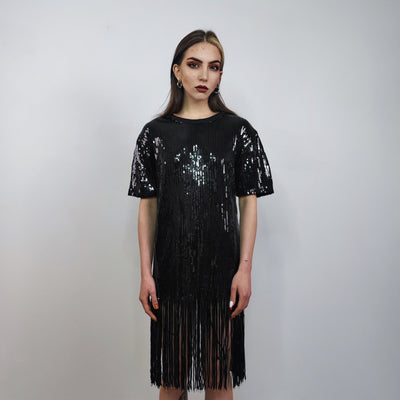 Oversize sequin dress drop shoulder fringed gown tassels sundress embellished baggy frock luxury going out sheath one size fancy blouse