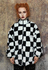 Check fleece jacket checkboard fluffy retro bomber in black