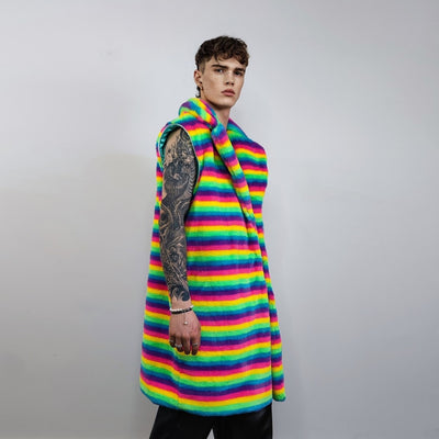 Rainbow coat hooded Gay pride trench striped rave bomber detachable fleece fluorescent festival bomber removable sleeves burning man jacket