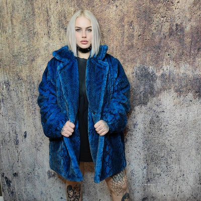 Luxury faux fur snake coat python print bomber handmade detachable fluffy jacket fleece puffer premium grunge trench in blue