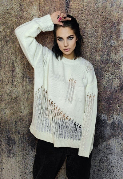 Transparent sweater ripped jumper sheer knitted top in cream