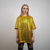 Gold sequin t-shirt glitter top sparkle jumper party pullover glam rock jumper fancy dress embellished going out tee in luminous yellow