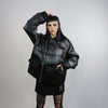 Asymmetric bomber jacket collared puffer quilted high fashion Gothic coat unusual grunge padded aviator jacket in solid shiny black