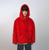 Hooded red faux fur jacket shaggy bomber bright raver puffer fluffy winter fleece festival coat burning man trench fancy dress overcoat