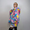 Hooded marshmallow faux fur jacket unicorn coat raver bomber fluffy tie-dye fleece rainbow festival bomber burning man going out trench pink