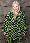 Check fleece coat handmade 2in1 faux fur trench in green