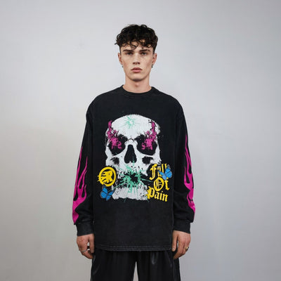 Skull sweatshirt flame print top neon thin skeleton jumper bones sweater psychedelic fluorescent pullover racing biker t-shirt vintage grey