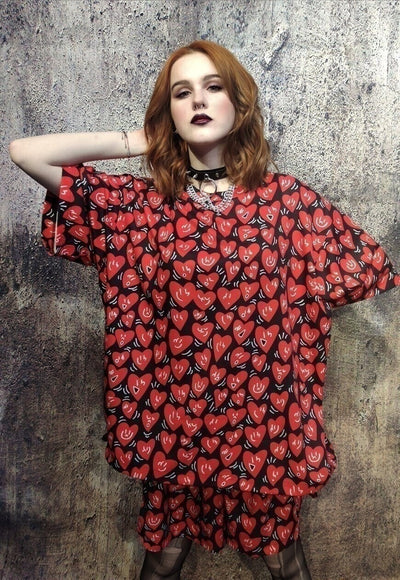 Heart print t-shirt handmade edgy love emoji tee in red