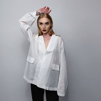 Transparent blazer formal going out sheer jacket see-through fancy dress thin tuxedo rave party coat mesh bomber catwalk jacket in white