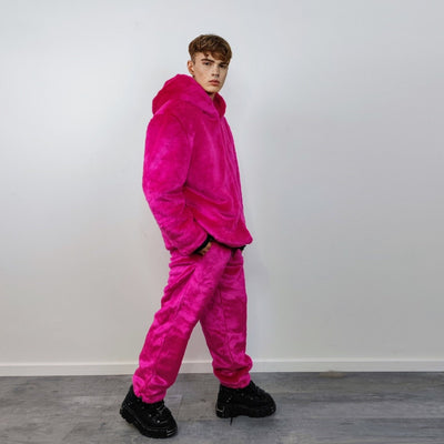 Neon faux fur joggers winter raver pants fluffy skiing trousers mountain fleece overalls festival bottoms burning man pants in fuchsia pink