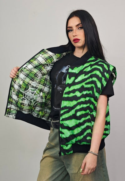 Spider print varsity jacket green checked reversible bomber