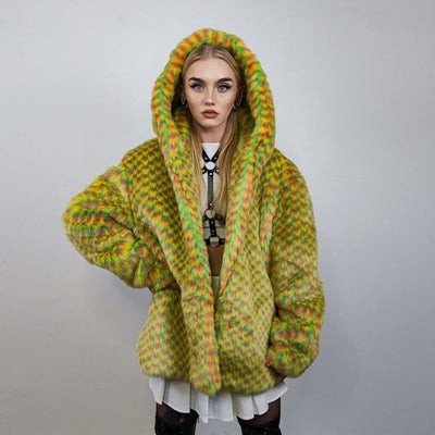 Checked faux fur hooded jacket geometric bomber bright raver coat fluffy winter fleece festival puffer neon burning man hoodie in yellow