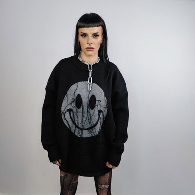 Emoji sweater smile print knitted jumper Gothic tassels top grunge long sleeve cartoon sweat in black