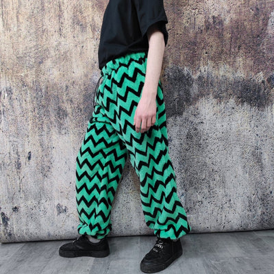 Festival stripe fleece joggers zebra pants handmade zigzag faux fur raver trousers premium party overalls in green black