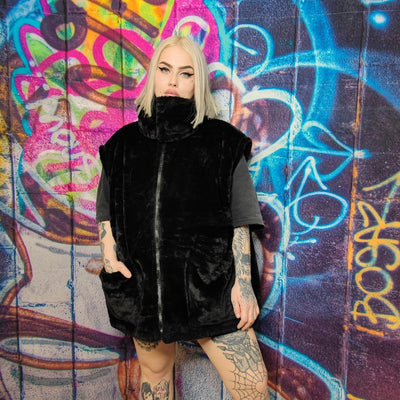 Faux fur devil horn bomber handmade detachable fluffy puffer reversible grunge fleece jacket two sided Gothic coat in black