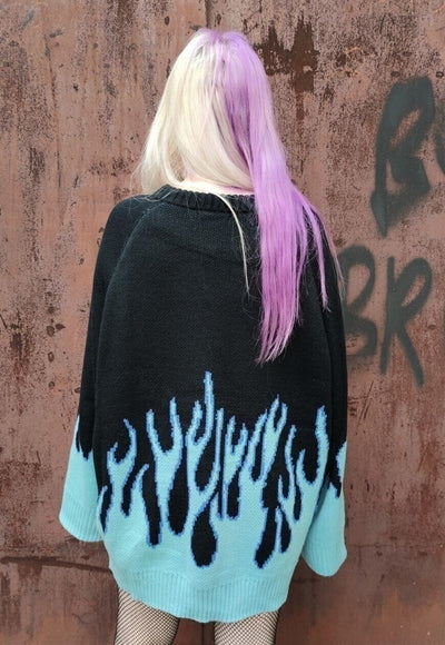 Flame print sweater fire knitted Korean jumper in black blue