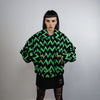 Striped fleece jacket zigzag catwalk bomber geometric fluffy varsity contrast pattern aviator hard fleece grunge coat in black & green