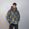 Hooded faux fur psychedelic jacket 70s bomber neon raver coat fluffy tie-dye fleece festival trench burning man going out overcoat blue pink