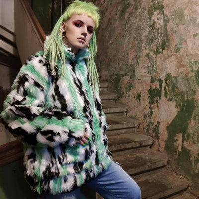 Tiger print faux fur jacket tie-dye fluffy bomber festival varsity raised neck fleece coat high fashion zebra stripe coat in green white