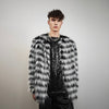 Shaggy faux fur jacket black white detachable hood striped collarless coat zebra bomber rave fleece festival pullover burning man overcoat