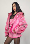 Pink faux fur jacket hooded fluffy bomber fuzzy cropped coat