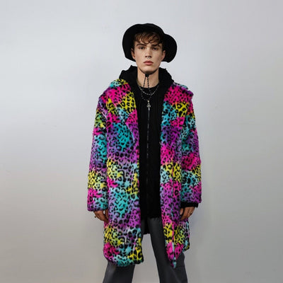 Tie-dye Faux fur leopard coat rainbow long trench marshmallow raver jacket fluffy cheetah fleece festival bomber burning man coat pink blue