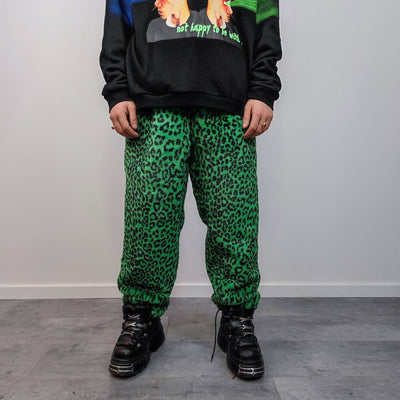 Leopard faux fur joggers winter raver pants fluffy animal print trousers skiing fleece overalls festival bottoms burning man pants in green