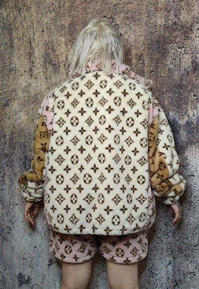 Contrast fleece jacket reworked faux fur fluffy bomber cream