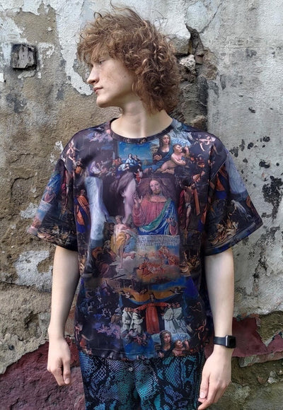 Baroque print tee handmade religion t-shirt rave top in blue