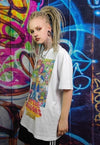 Dragon girl print t-shirt Anime tee graffiti retro top white