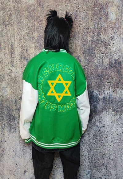 Pentagram patch varsity jacket college baseball bomber green