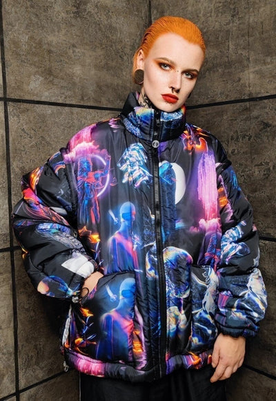 Psychedelic bomber jacket handmade detachable raver puffer