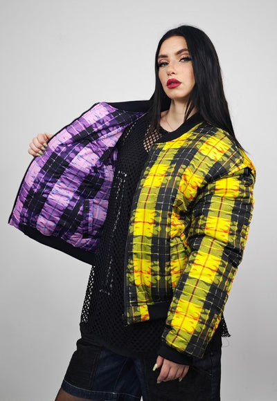 Tartan check varsity jacket yellow flame reversible bomber