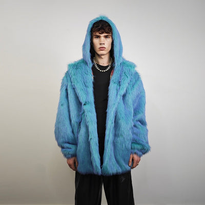 Neon blue fur coat luxury trench fluorescent psychedelic overcoat shaggy rave bomber festival luminous party jacket custom catwalk peacoat