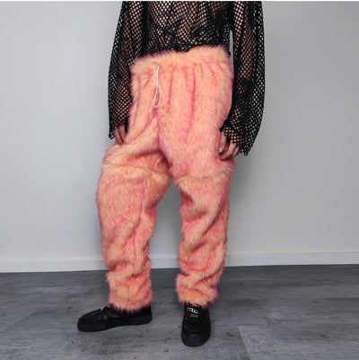 Festival faux fur joggers luminous detachable rave pants handmade fluorescent fleece party shorts premium tie-dye overalls in orange pink