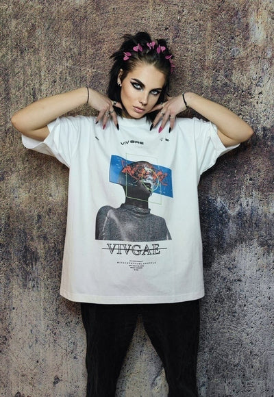 Raver t-shirt cyber punk tee grunge robot print top in white