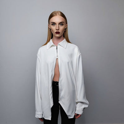 Zip up utility shirt long sleeve going out blouse high fashion top gorpcore jumper silky fancy dress sweatshirt loose sweat in white